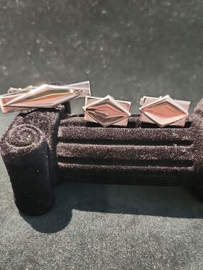 Vintage Foster Silver Tone Geometric Diamond Cufflinks & Tie Clip Set